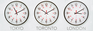 Three clocks showing different times around the world