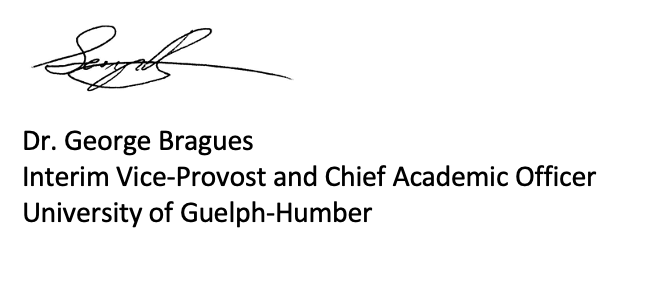Signature of Dr. George Bragues our Interim Vice Provost