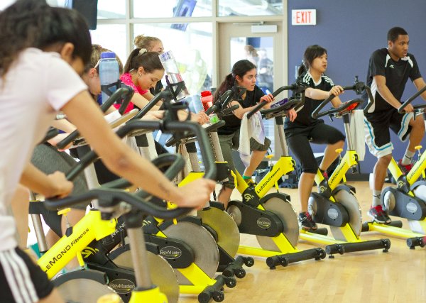 Group of students on spin bikes