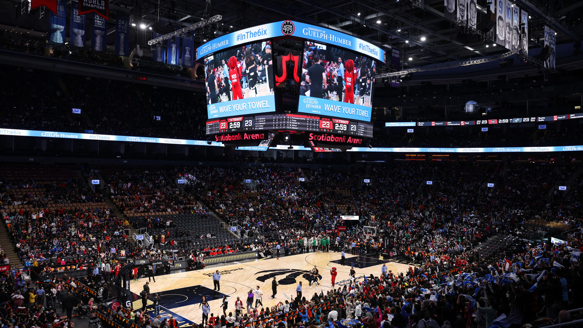 Inside Scotiabank Arena with University of Guelph-Humber branding on the jumbotron