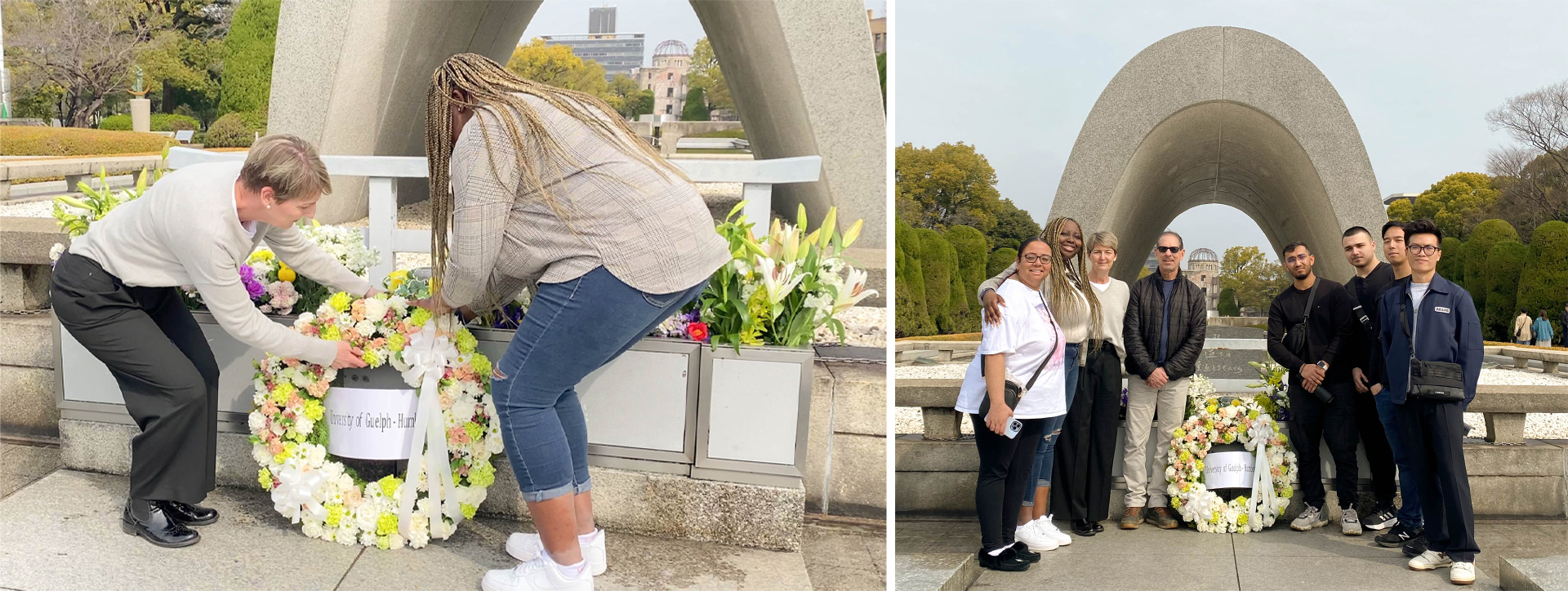 Left photo: two individuals putting down a wreath in front of Hiroshima Victims Memorial Cenotaph. Right photo: a group of individuals standing in front of the Hiroshima Victims Memorial Cenotaph for a photo