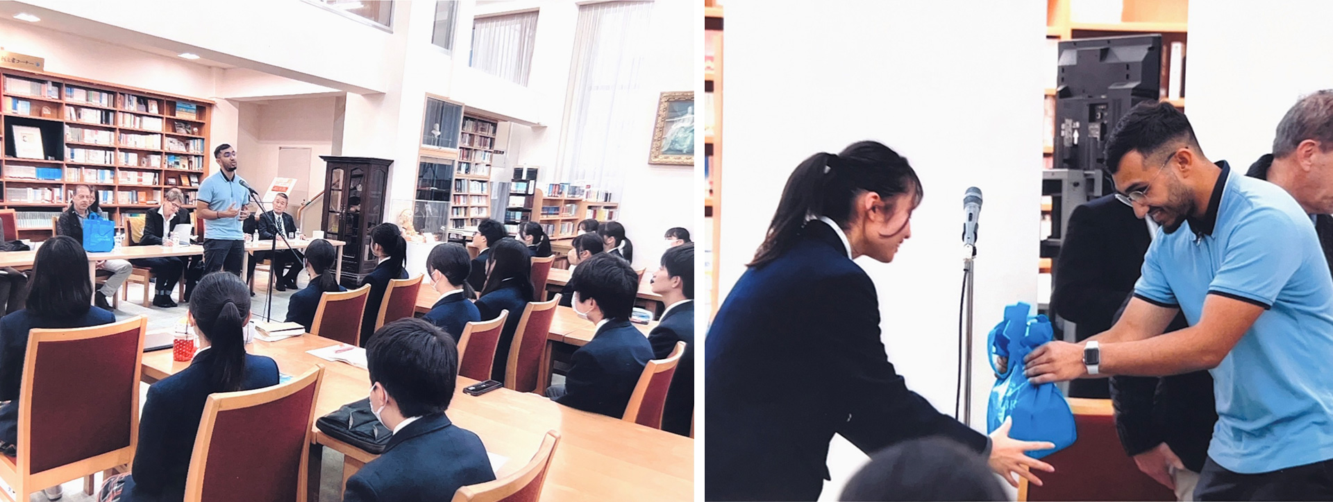 Left photo: someone standing in front of a class speaking to students. Right photo: two people exchanging a gift with a slight bow