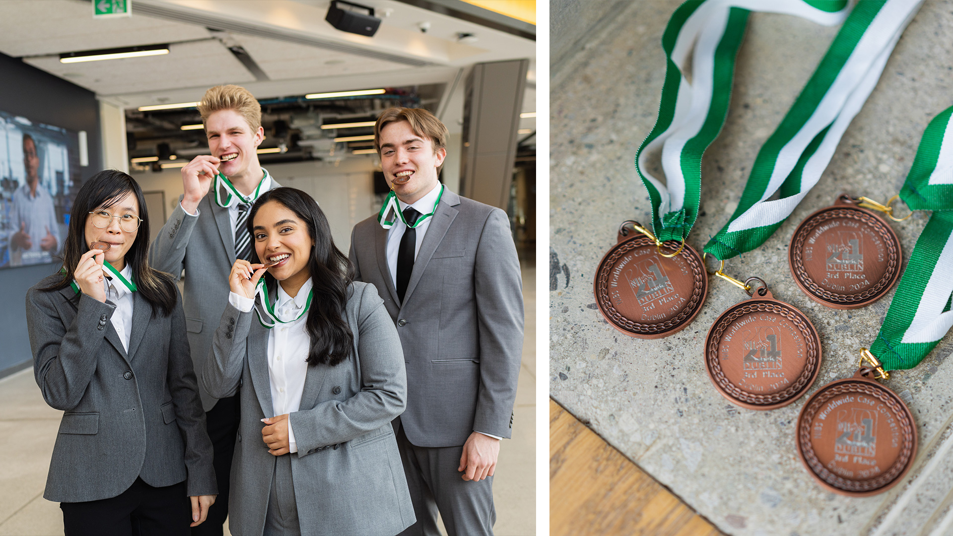 Left: Four individuals biting their bronze medals, Right: four bronze medals with green and white ribbon