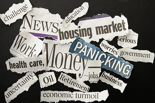Newspaper clippings that read, "Money", "Panicking", "Economic Turmoil", "Housing market", etcetera