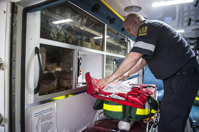 Paramedic inside ambulance