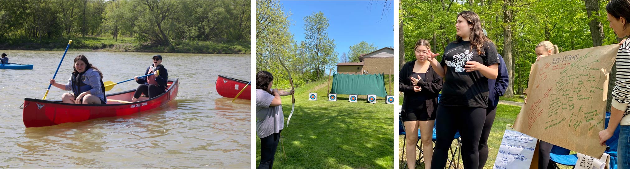 Collage of three images. Two individuals in a red canoe. Someone holding a bow and arrow looking down range at targets. Kaitlynn McLeod speaking with two individuals holding a large brown sheet of paper with writing on it. 