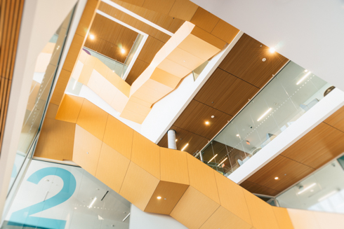 Low angle photo of Humber Learning Resource Commons staircase