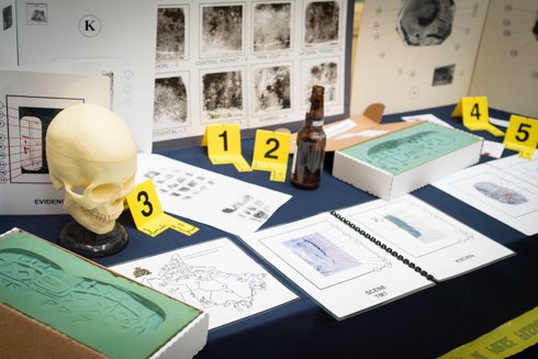 Forensics table with skull, fingerprints and more