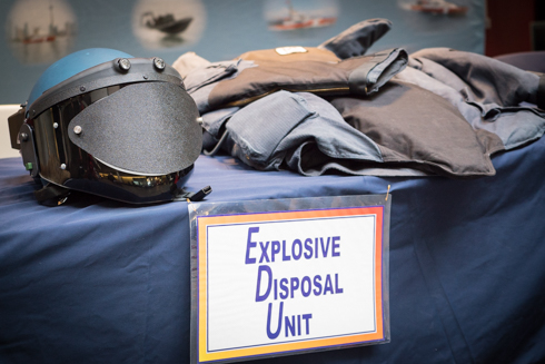 Explosives Disposal Unit display with flak jacket and blast helmet