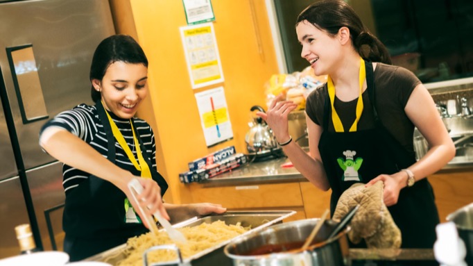 Two students working on their pasta