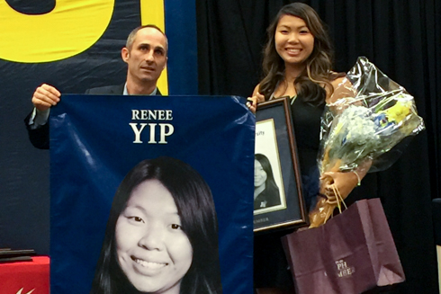 Photo of UofGH alumni Renee Yip being inducted into Humber's Varsity Hall of Fame