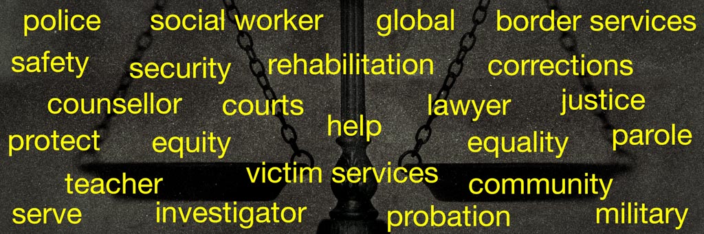 Job titles and descriptions superimposed over scales of justice.