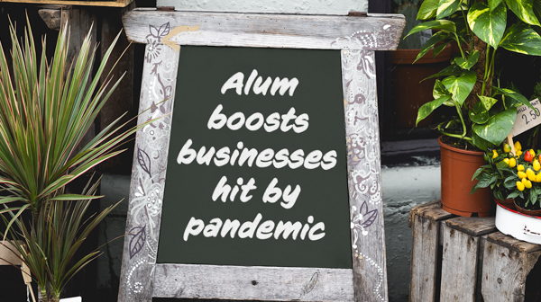 Text that reads: Alum boosts businesses hit by pandemic