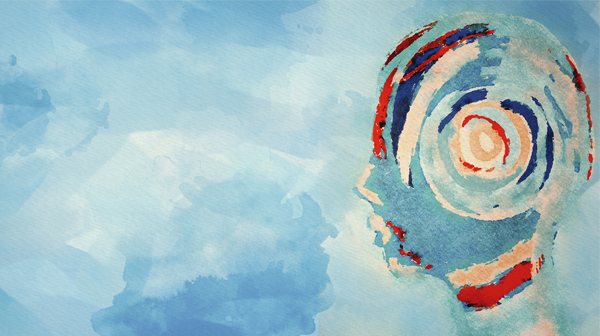 An abstract painting of a human head in silhouette
