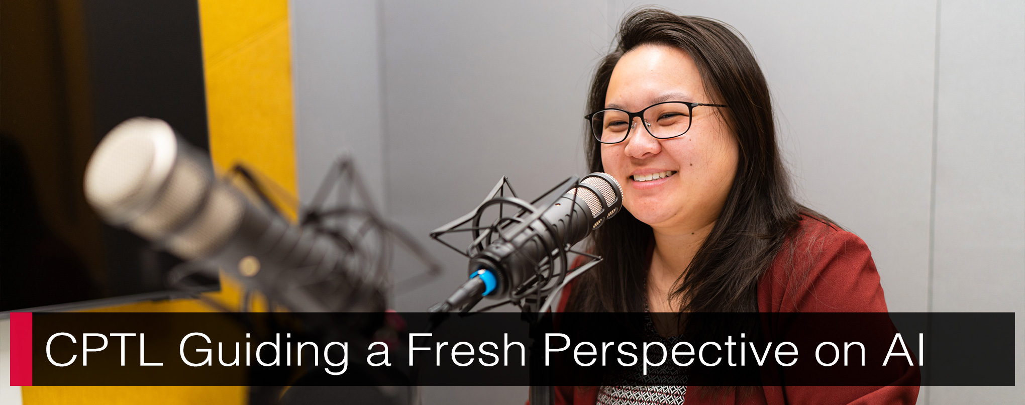 Dr. Victoria Chen smiling while speaking into a microphone in a podcast room with text, 