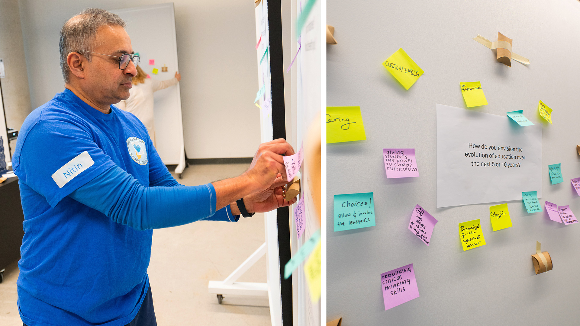 man adding post-it to white board filled with ideas
