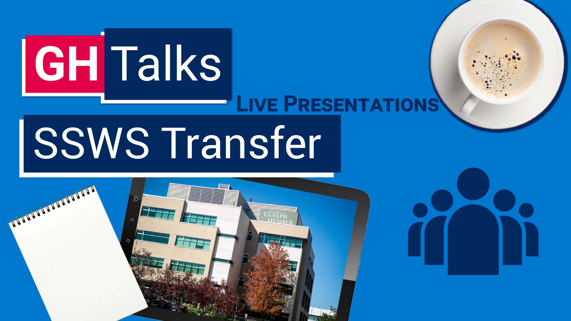 iPad, notepad, coffee cup and group icon