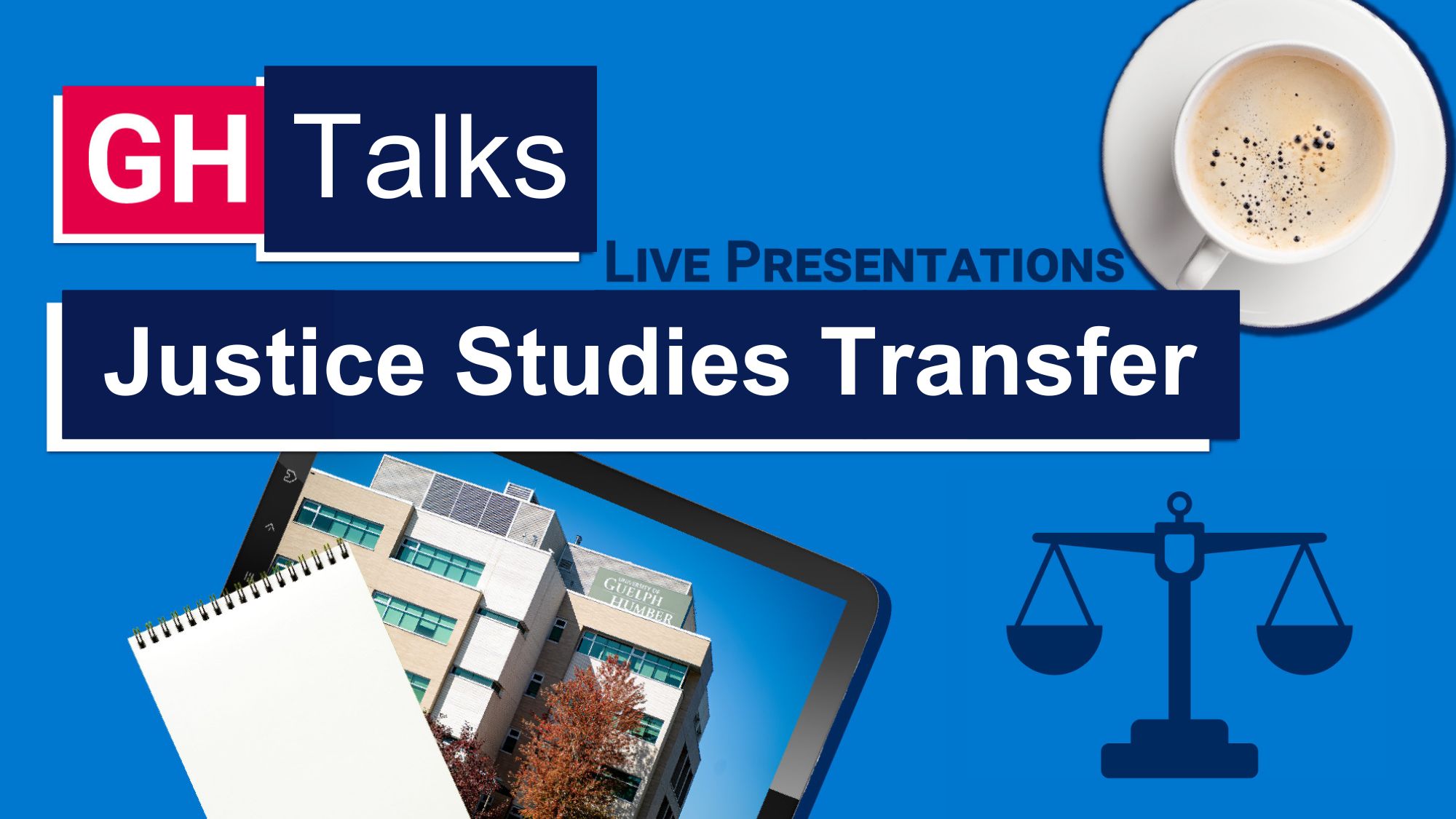 ipad, notebook, justice scales, coffee cup