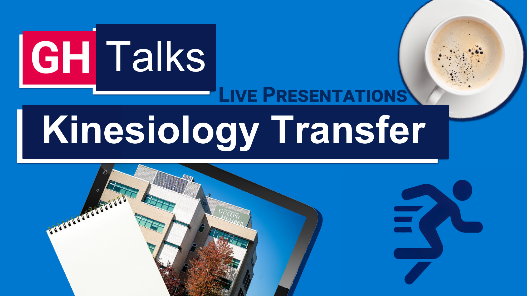 coffee cup, running man icon, iPad, notebook