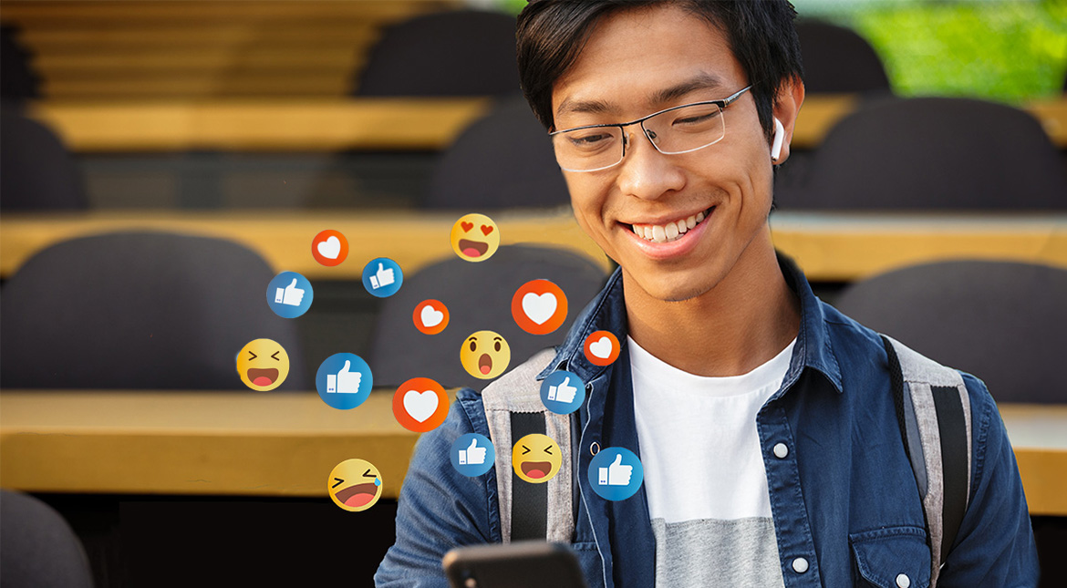 Social media Male student with cell phone and emoji bubbles