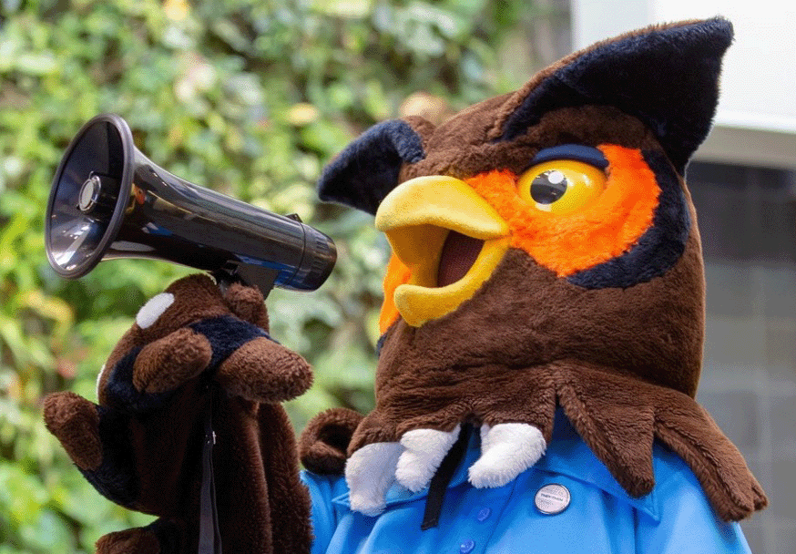 Sign up for emails owl mascot holding megaphone