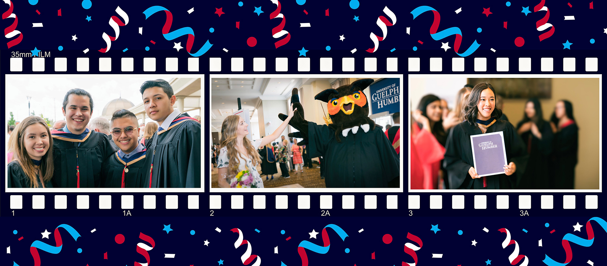 Photo strip showing three images: Four students in graduation gowns, a student giving Swoop a high-five, a student holding a diploma binder