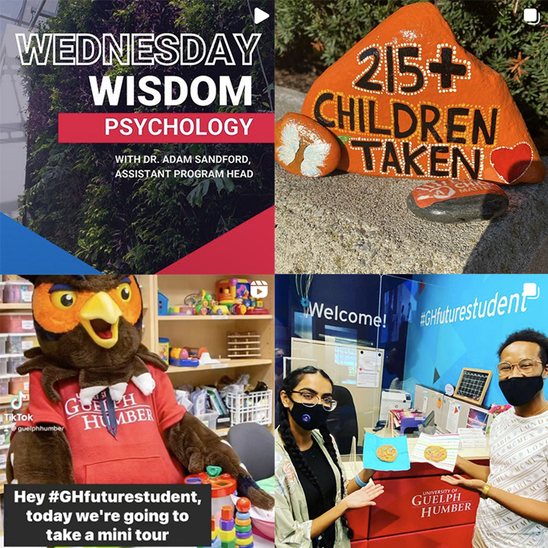 Four screenshots: Wednesday Wisdom Psychology; 215+ Children Taken; Hey #GHfuturestudent, today we're going on a mini tour; Two students with cookies