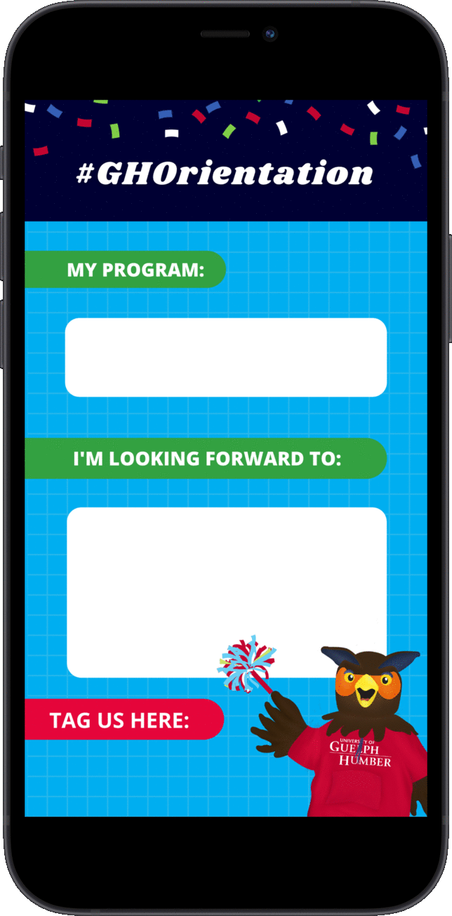 Animated gif with 2 frames: #GHOrientation template: My Program, I'm looking forward to; #GHOrientation Emoji Challenge template