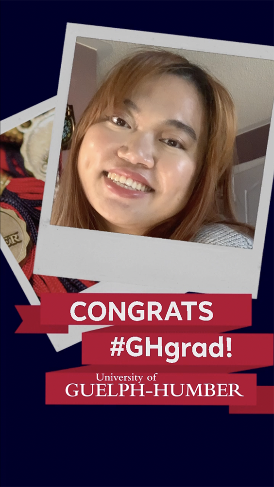 Student selfie in Polaroid style frame with label CONGRATS #GHgrad!