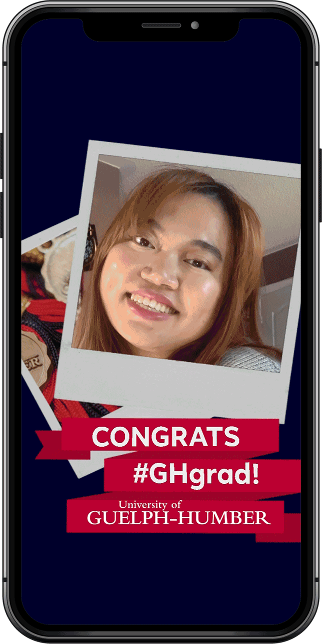 Animated gif with 3 frames: Student selfie with confetti and label CONGRATS #GHgrad!, Student selfie in Polaroid style frame with label CONGRATS #GHgrad!, blank Instagram emoji template: #GHgrad Class of 2021