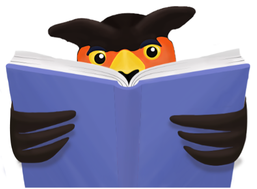 UofGH mascot Swoop reads a book