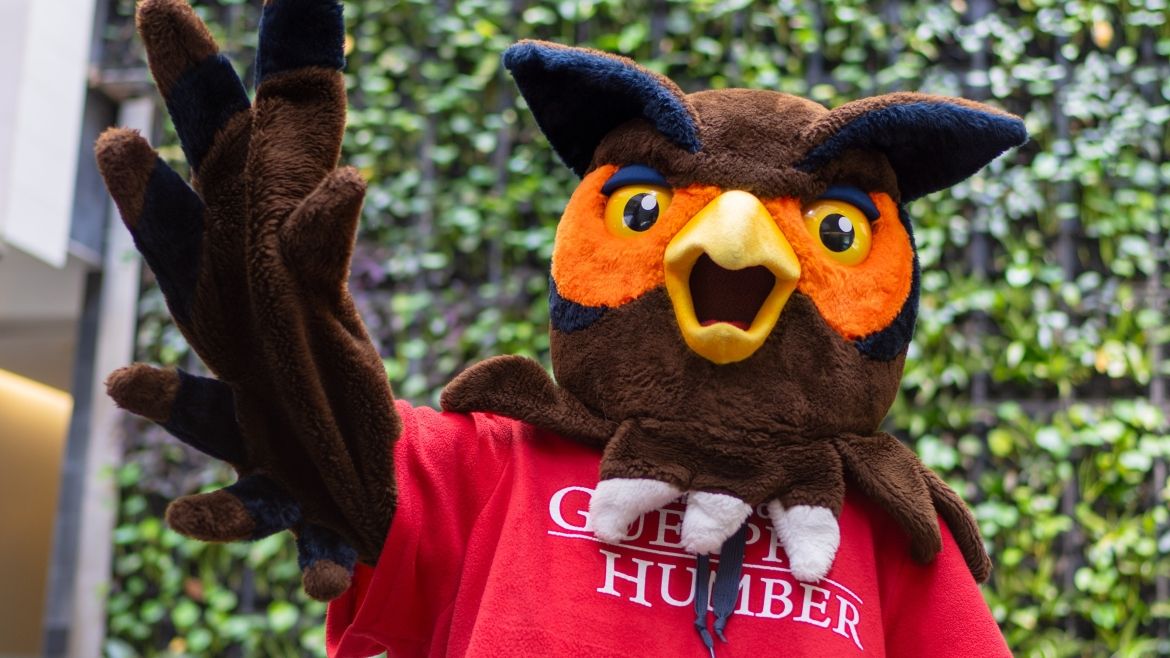 UofGH owl mascot waving in front of plant wall