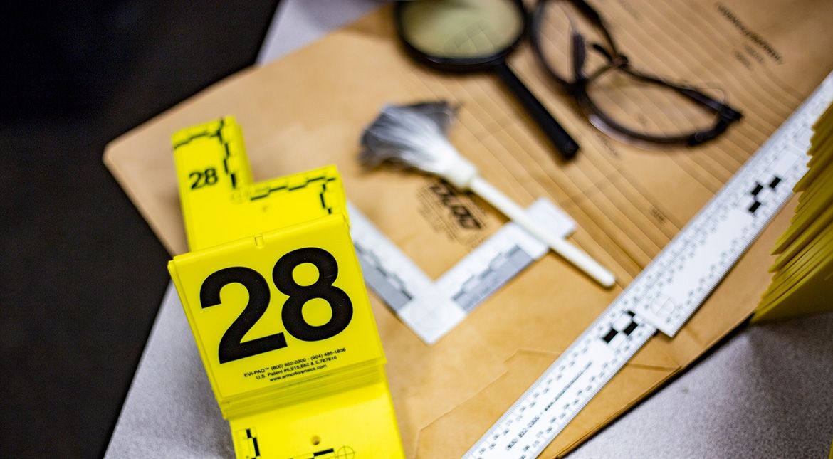 investigative marker, duster, glasses and microscope