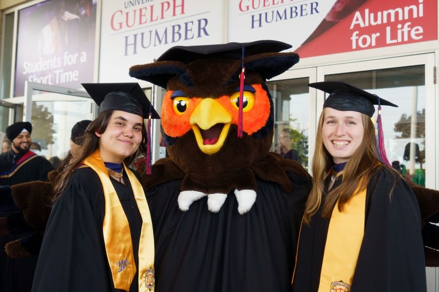 Two students in convocation regalia with Swoop the University of Guelph-Humber owl mascot, also in regalia
