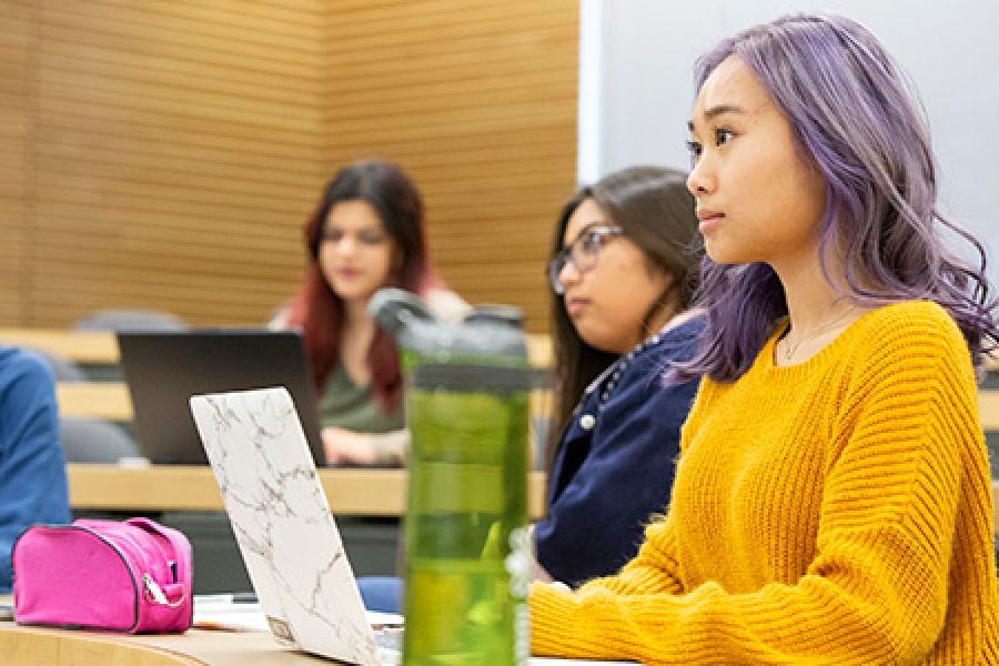 Female with purple hair on laptop in class