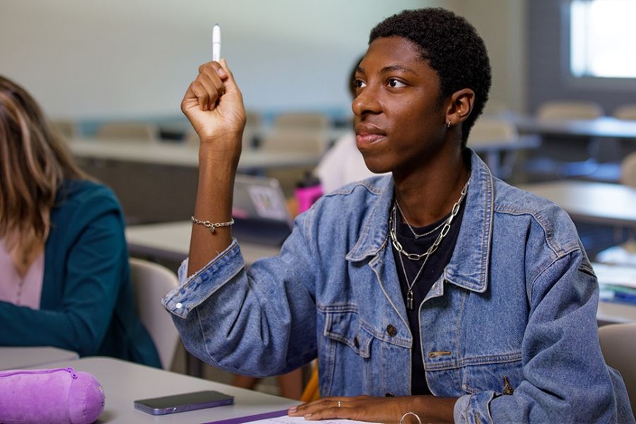 Student holding pen in the air to ask questions