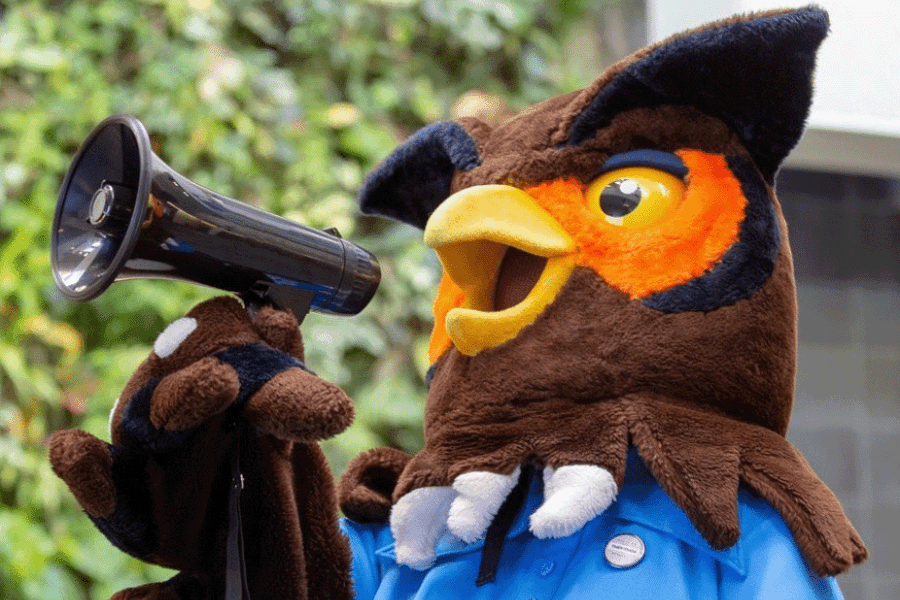 owl mascot holding megaphone